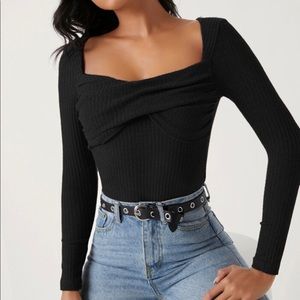 Foldover Front Rib-Knit Bodysuit